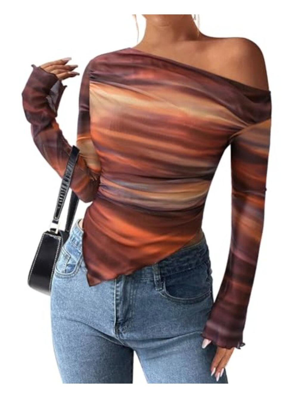 Womens Off Shoulder Mesh Top Long Sleeve Slim Fit Blouse